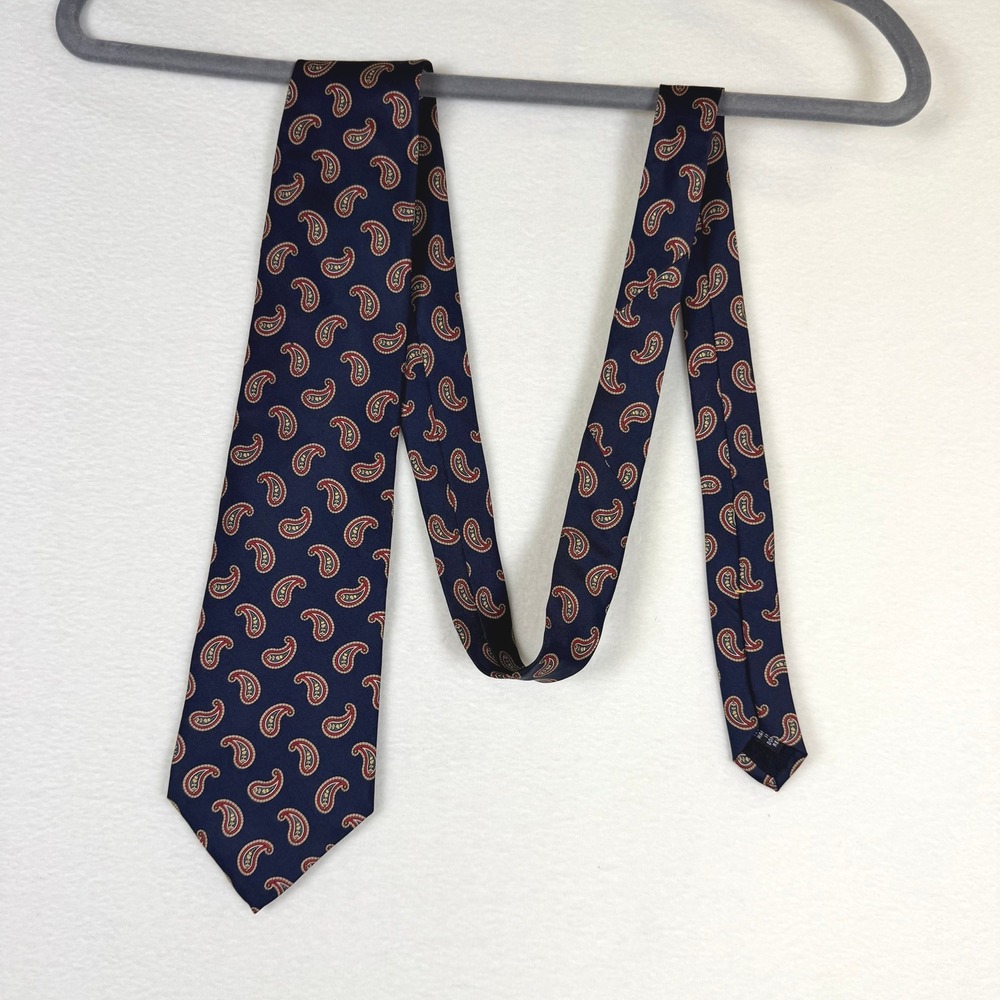 Vintage Claybrooke Pure Silk Tie Navy Red Gold Paisley Mens Handmade Preppy